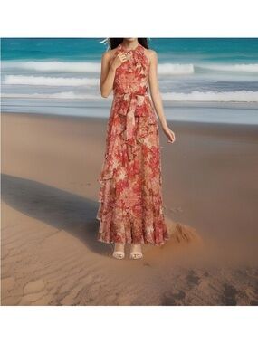 Alex Marie Dress helen Foiled Floral Print coral Ruffled waist tied Sz 2